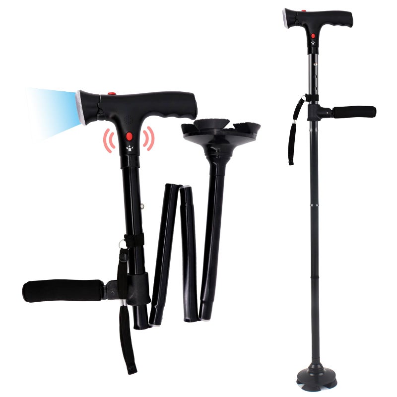 Adjustable Folding Walking Sticks for Men Women Senior Elderly with SOS Alarm & LED Light, Foldable Walking Cane & Easy Carry, with Double Grip Handles, 360Â° Rotatable Non-slip Rubber Base